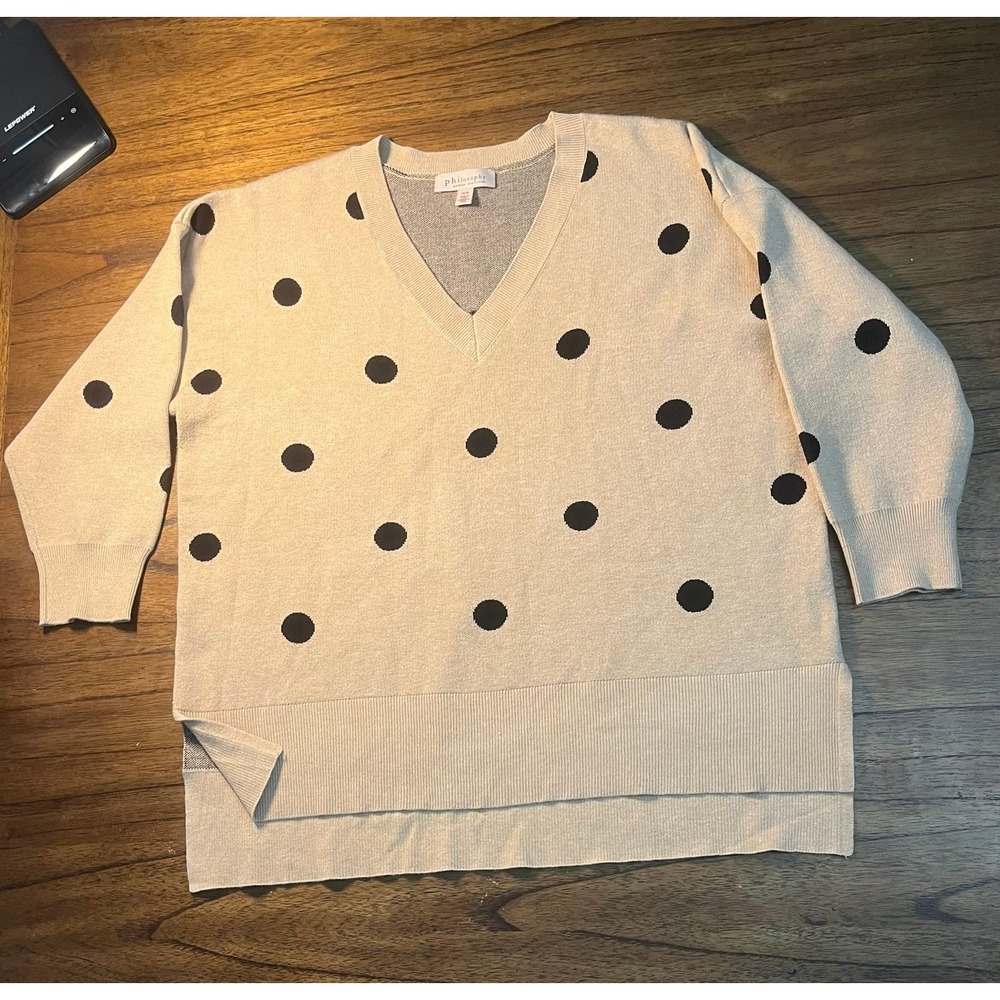 Philosophy Republic Clothing Womens 1X V-Neck Polka Dot Sweater Beige Black
